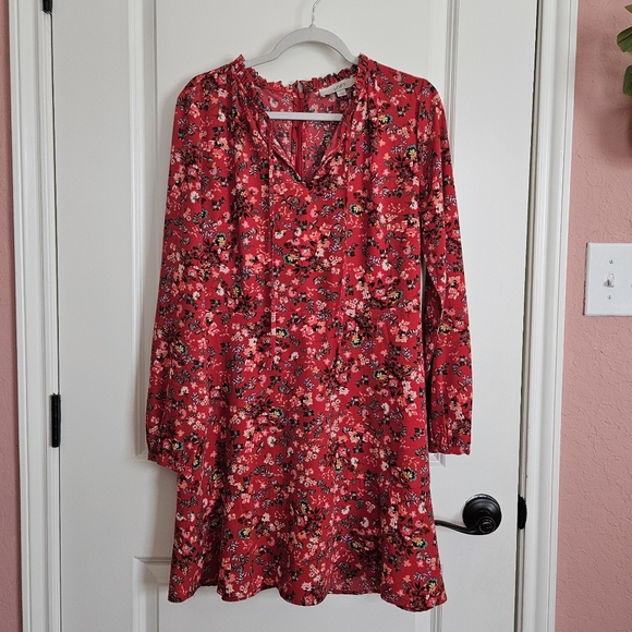 Loft Red Floral Primrose Ruffle Trim Tie Neckline Flare Long Sleeve Dress Size 8 - Picture 2 of 9
